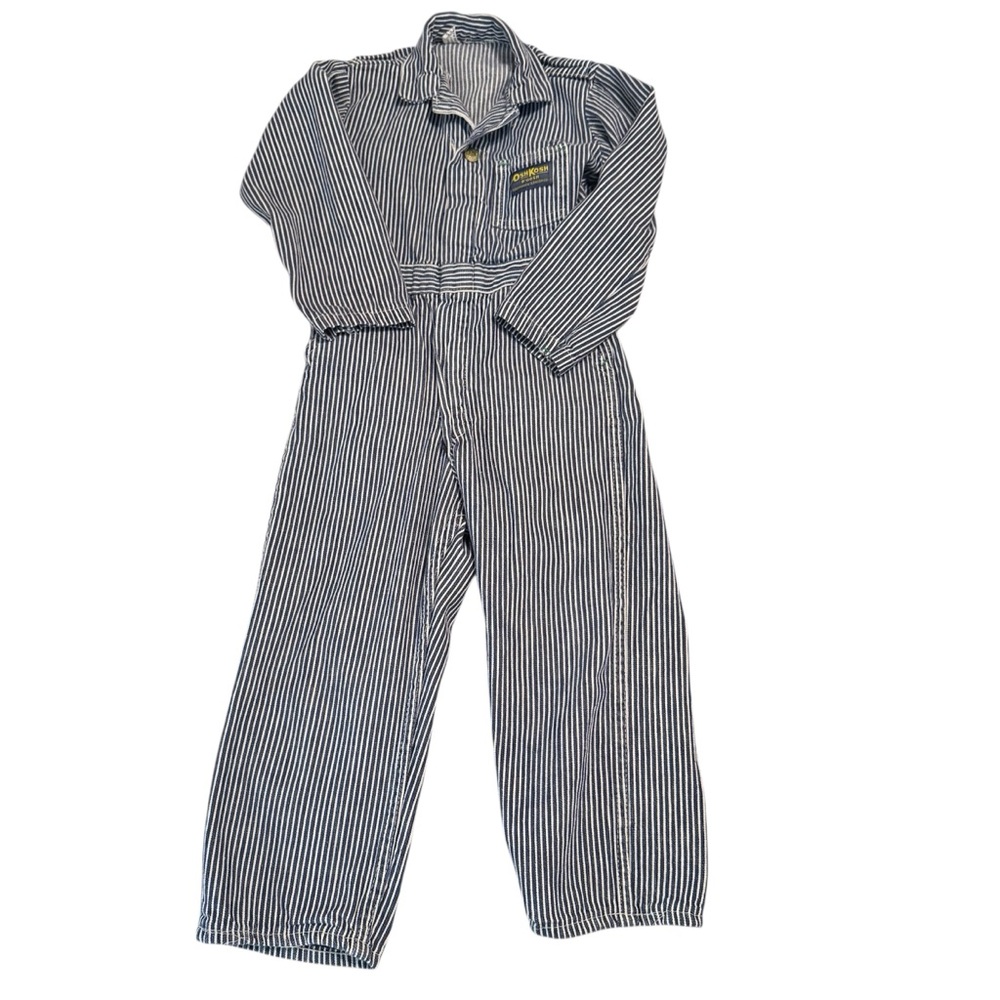 VTG OSHKOSH Striped Coveralls Kids Sz 4/5Reg Unisex Made in the USA Talon Zipper